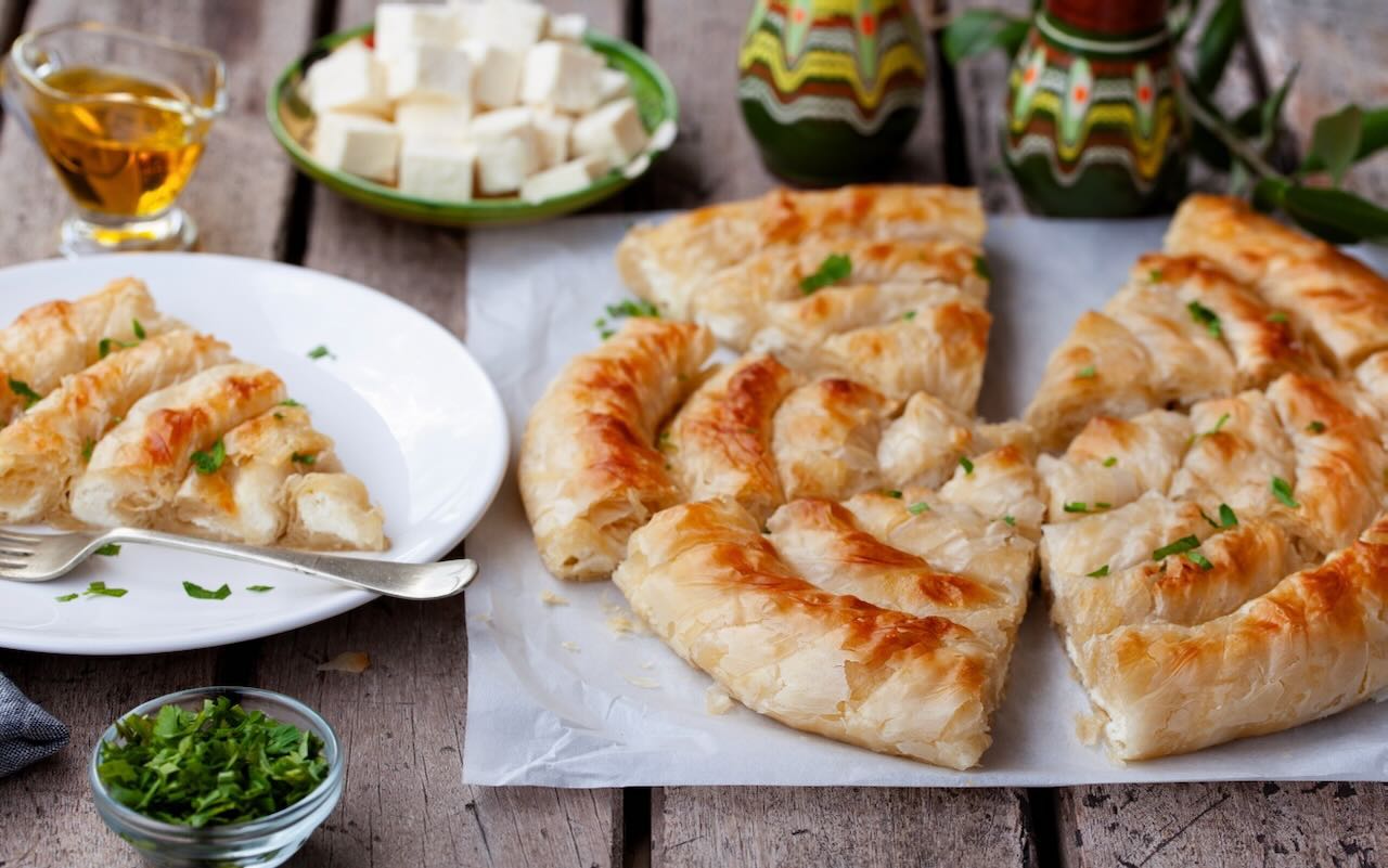 Traditional feta cheese phyllo pastry pie Strifti Tiropita