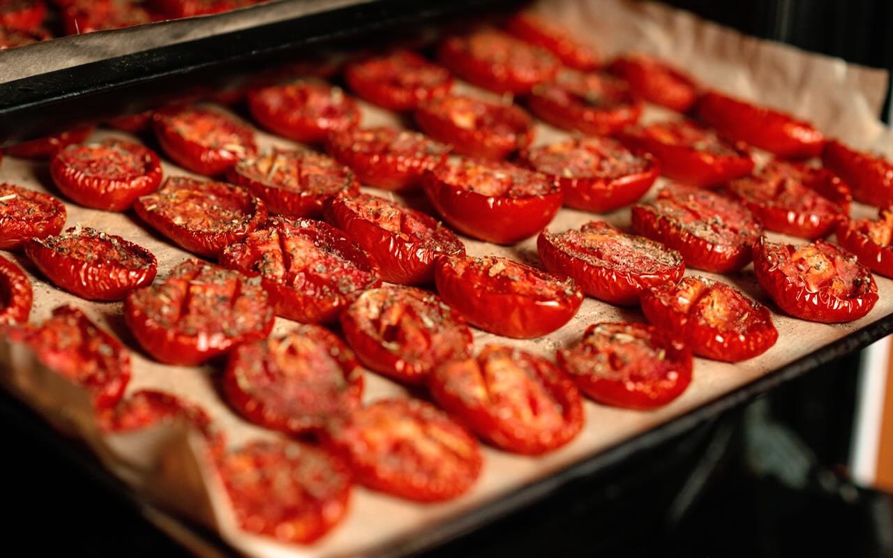 Home cooking sun-dried tomatoes with sea salt